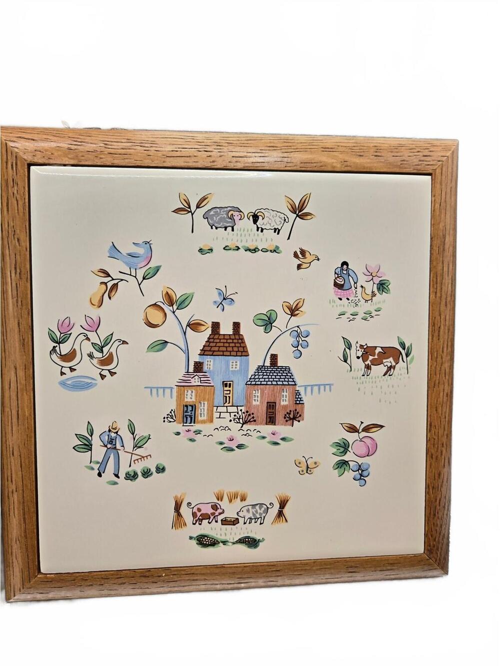 International Heartland Village 2-Piece Ceramic Tile Trivet Set Wall Wood Frame